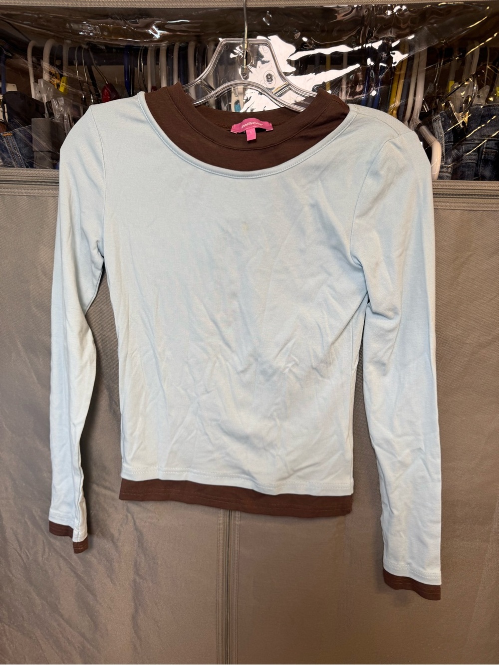 NWOT Edikted Light Blue Long Sleeve Top with Brown Trim Layering